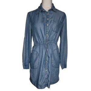 Athleta Tencel Denim Dress Drawstring Waist Pockets Long Sleeve XSP